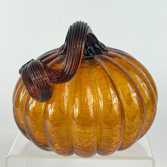 Mouth Blown Amber Art Glass Pumpkin Orange Crackle Curly Stem Handmade Handblown - Picture 2 of 12